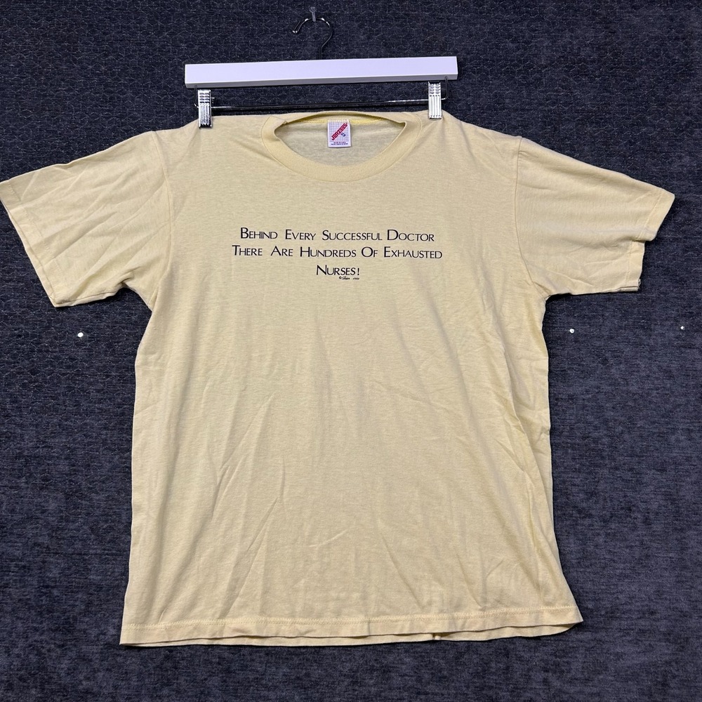 VTG Jerzees Exhausted Nurses T-Shirt Yellow Single Stitch Sleeve USA Made - XL